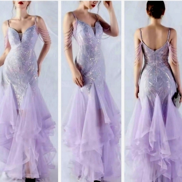 Purple, Abstract Print, Beaded Draped Sleeves,  Backless,  Sequined Mermaid Gown - Picture 1 of 14